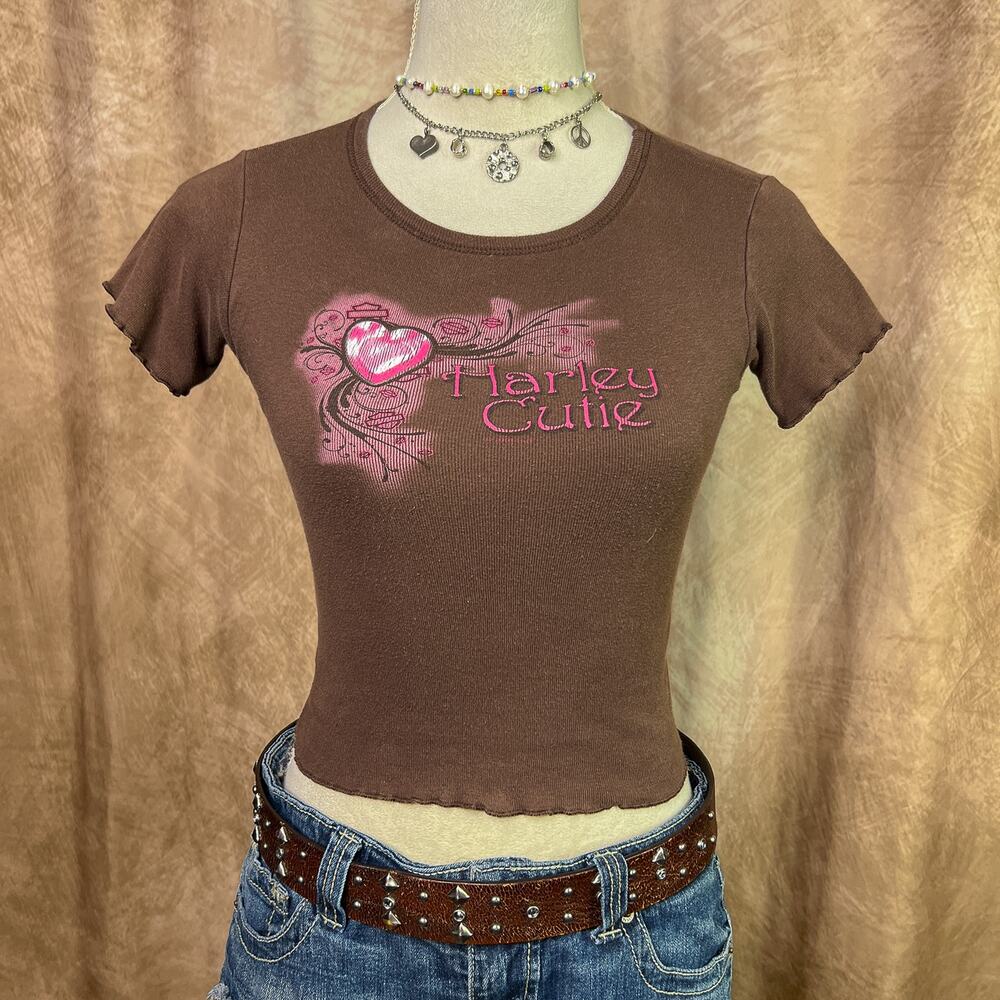 Vintage Y2K Harley Cutie Baby Tee Brown Fitted Lettuce Hem McBling 2000s Biker